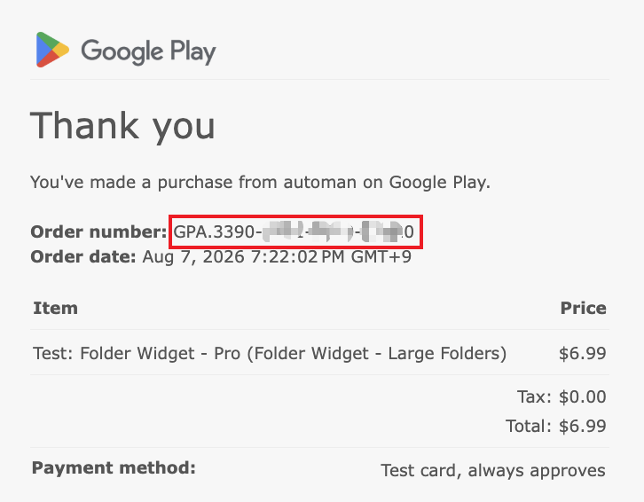 Google Play order confirmation email highlighting the Order number starting with GPA.
