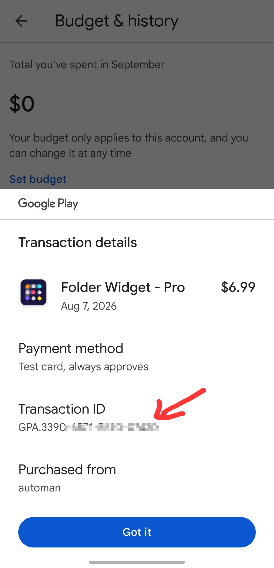 Google Play Transaction details screen with the Transaction ID starting with GPA.